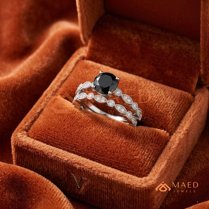 Maeve Round Cut Black Diamond Vintage Style Wedding Ring Set – Silver, 14K Yellow & Rose Gold