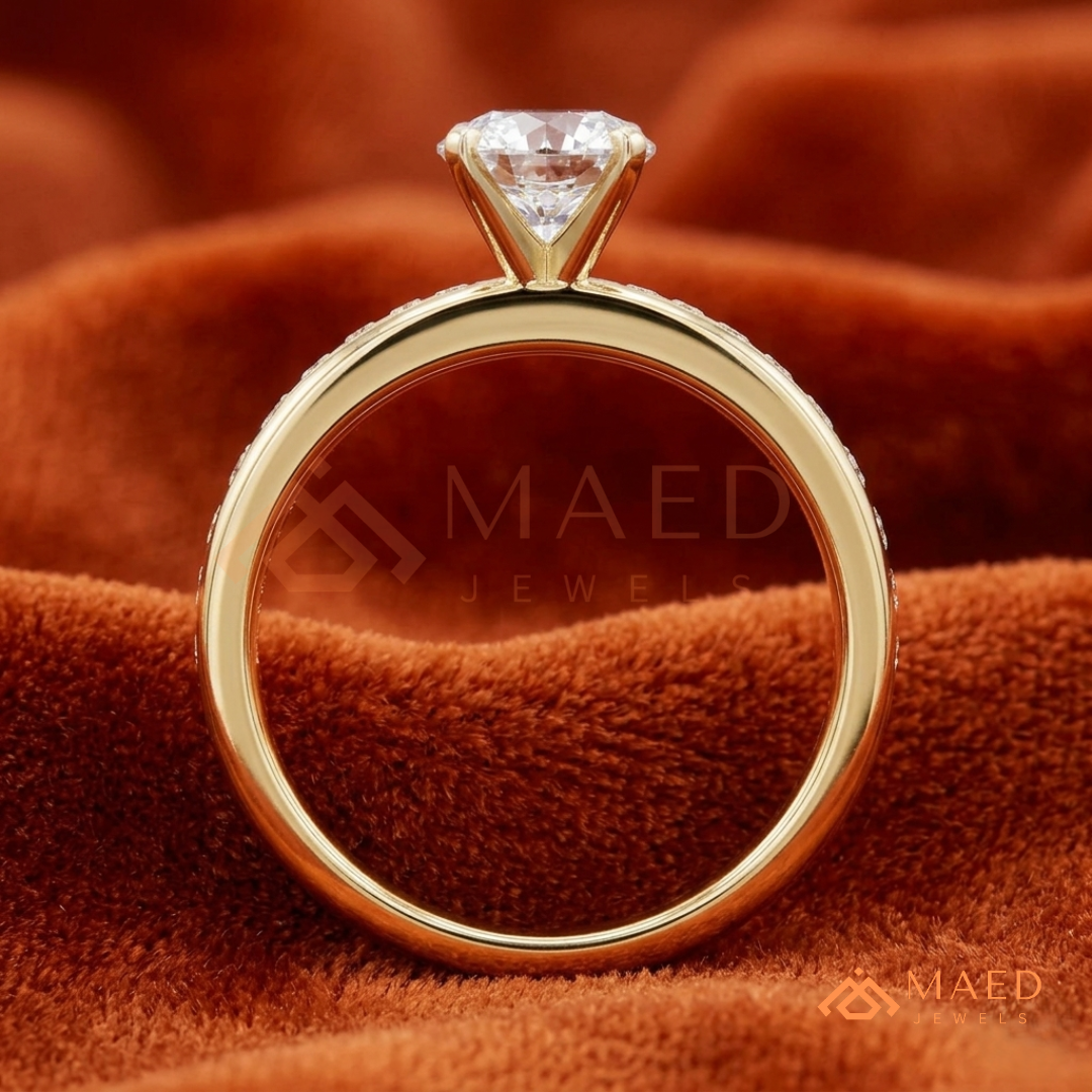 Round Brilliant Solitaire Engagement Ring with Channel Set Band – Sterling Silver, 14K Gold, or 14K Rose Gold