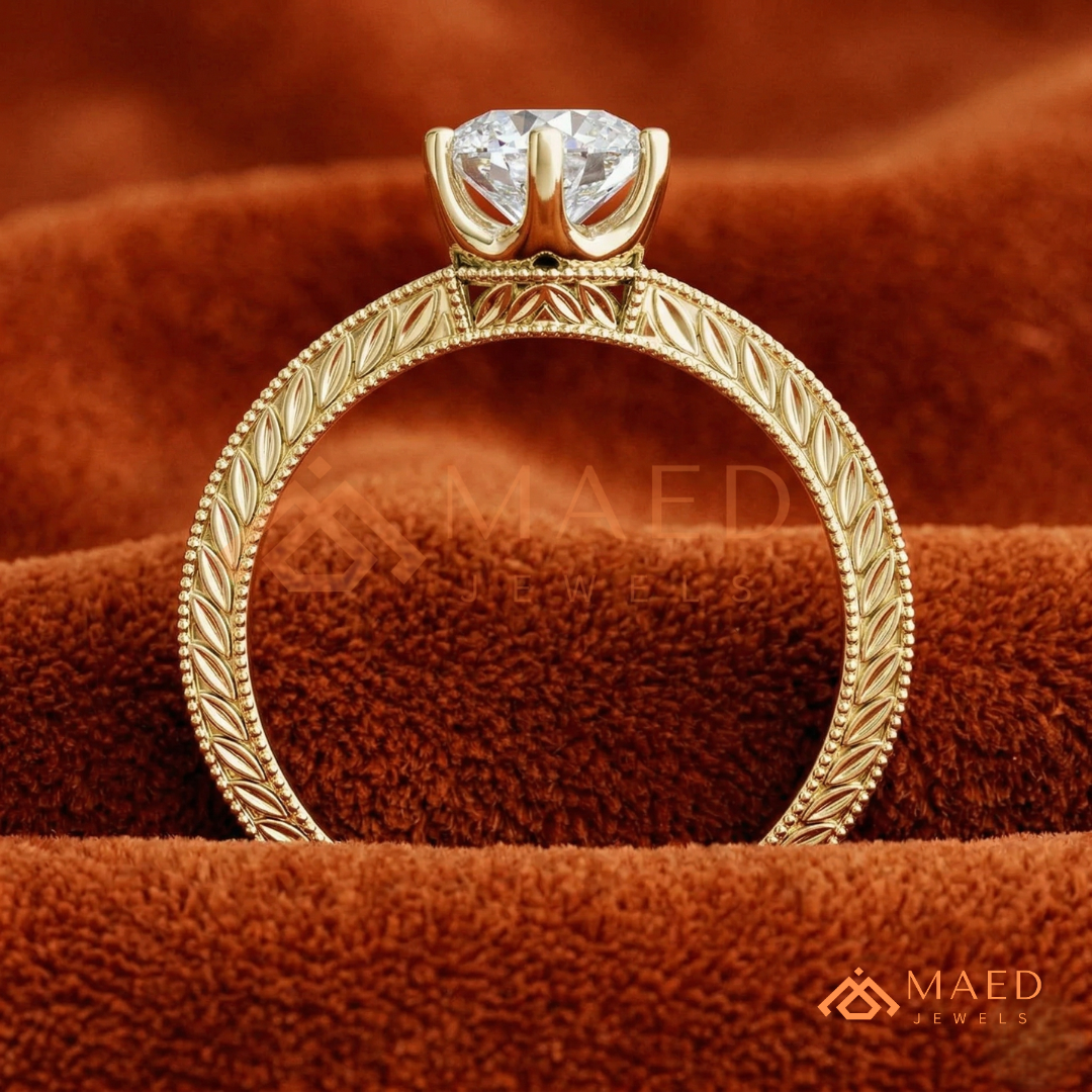 Heirloom Wheat Pattern Round Cut Ring in 14K Yellow Gold, Rose Gold & Sterling Silver