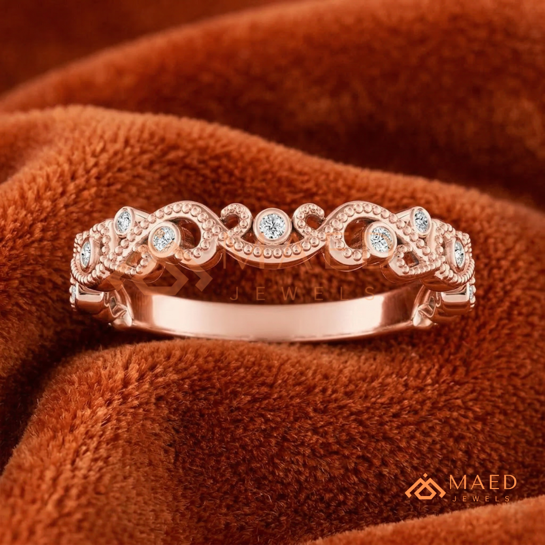 Vintage Filigree Milgrain Wedding Band in Silver, 14K Yellow & Rose Gold