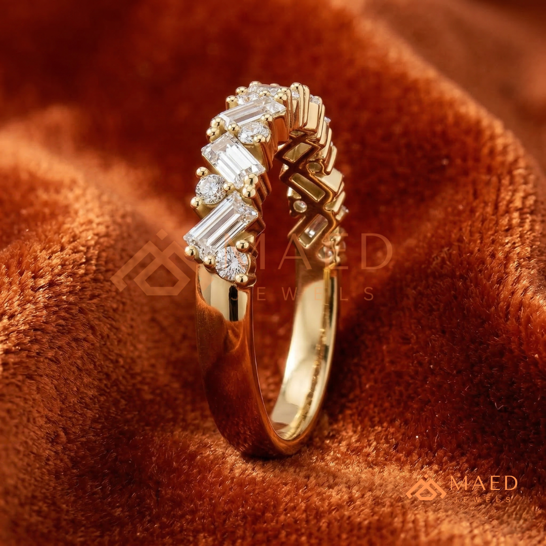 Angled Baguette & Round Cut Chevron Wedding Band | Crown Moissanite Tiara Ring in Silver, 14K Gold, & Rose Gold