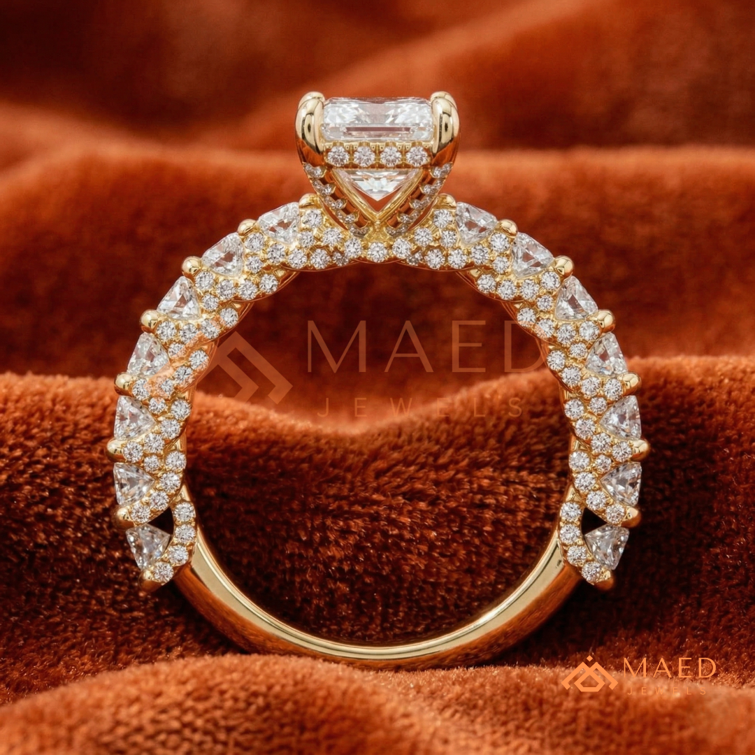 Emerald Cut Engagement Ring with Large Round Accent Band in Silver, 14K Gold, & 14K Rose Gold