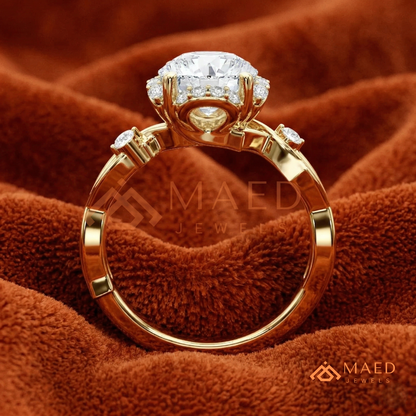 Round Cut Floral Halo Engagement Ring with Twisted Infinty Band in 14K Gold, Rose Gold & Silver