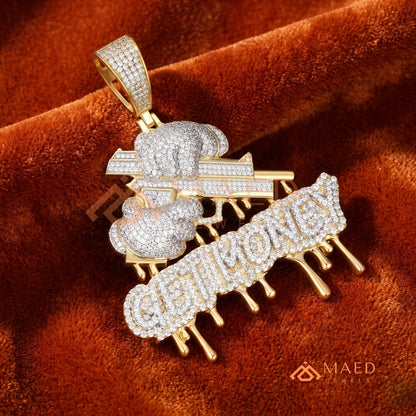 Iced Out "GET MONEY" Drip Pendant – 14K Gold, Rose Gold & Sterling Silver Hip Hop Charm