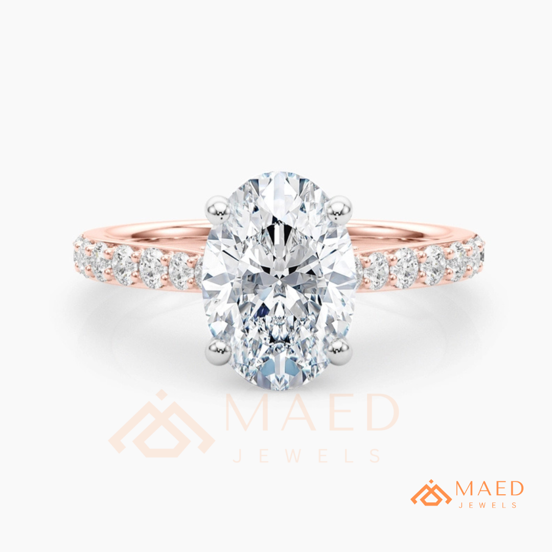 Oval Cut Moissanite Engagement Ring | 14K Gold, Rose Gold & Silver Pave Band