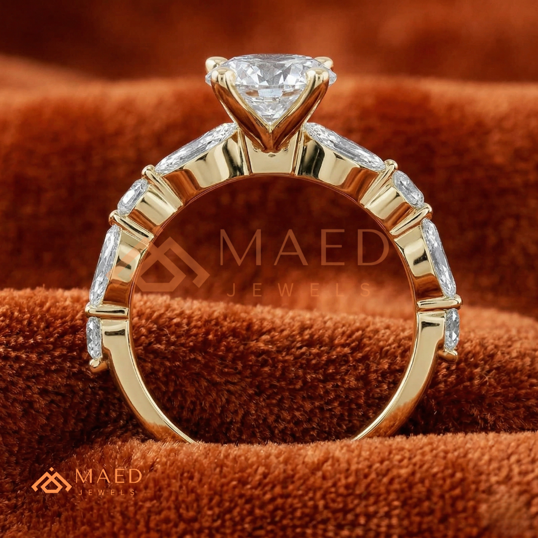 Round Cut Engagement Ring with Marquise Accents in Sterling Silver, 14K Gold & 14K Rose Gold