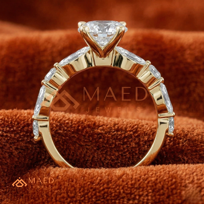 Round Cut Engagement Ring with Marquise Accents in Sterling Silver, 14K Gold & 14K Rose Gold