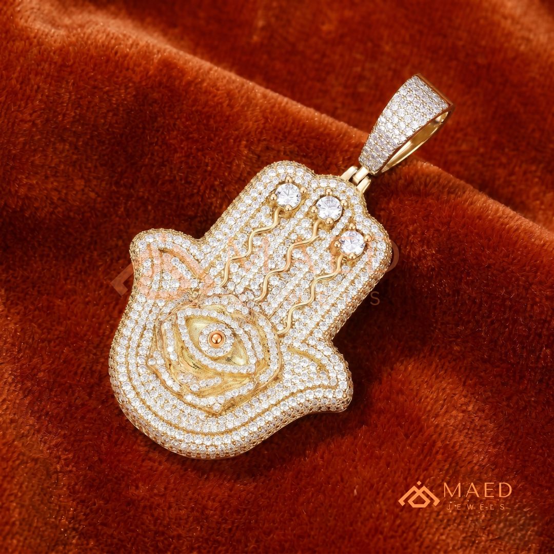 Iced Out Hamsa & Evil Eye Protective Pendant – Symbolic Statement Medallion