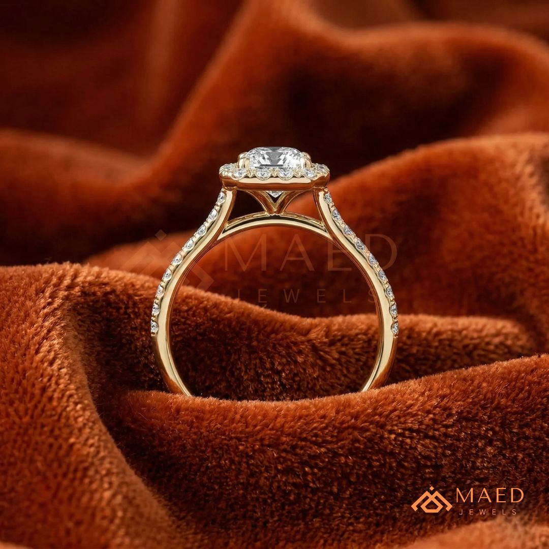 Radiant Cut Halo Engagement Ring with Pavé Band – Sterling Silver, 14K Gold, or 14K Rose Gold