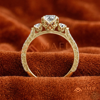 Vintage 3-Stone Round Engagement Ring in 14K Gold, Rose Gold & Silver | Antique Milgrain Pave Moissanite Ring for Women