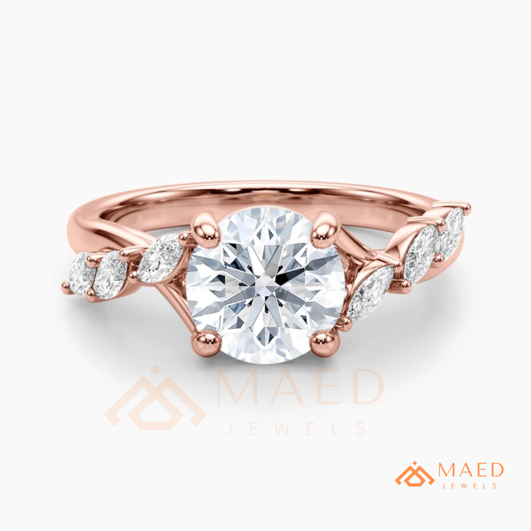 Marquise Leaf Clustered Vine Engagement Ring in 14K Gold, Rose Gold & Silver
