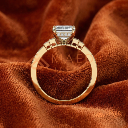 Emerald Cut Three-Stone Ring with Baguette and Channel Princess Band in Silver, 14K Gold, & 14K Rose Gold