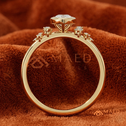 Pear Cut Bezel Set Engagement Ring with Cluster Accent Diamonds in 14K Gold, Rose Gold & Silver