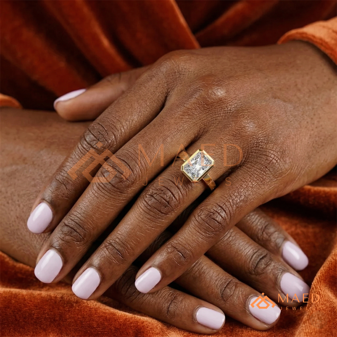 Radiant Cut Bezel Set Engagement Ring with Wide Flat Band in 14K Gold, Rose Gold & Silver