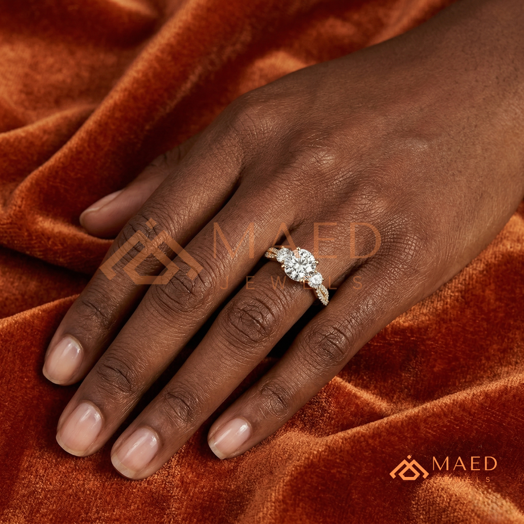 Round Cut 3-Stone Engagement Ring with Twisted Pavé Band in Silver, 14K Gold, & 14K Rose Gold