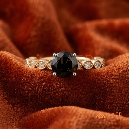 Art Deco Black Stone Ring with Milgrain Marquise Band – Silver, 14K Yellow & Rose Gold