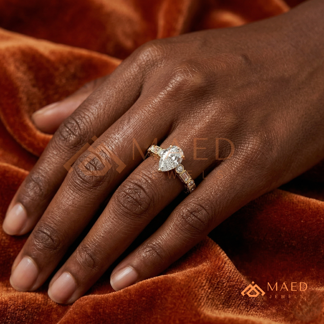 Vintage Pear Cut Multi-Stone Engagement Ring | 14K Gold, Rose Gold & Silver