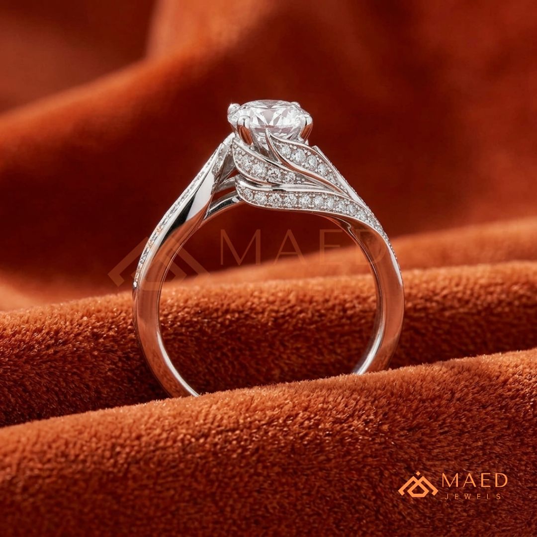 Vintage Bypass Round Cut Engagement Ring with Swirl Pavé Band