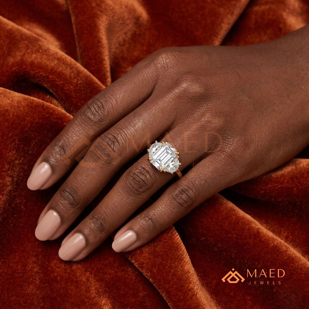 Emerald Cut Three Stone Engagement Ring | Half Moon Side Stones in 14K Gold & Silver