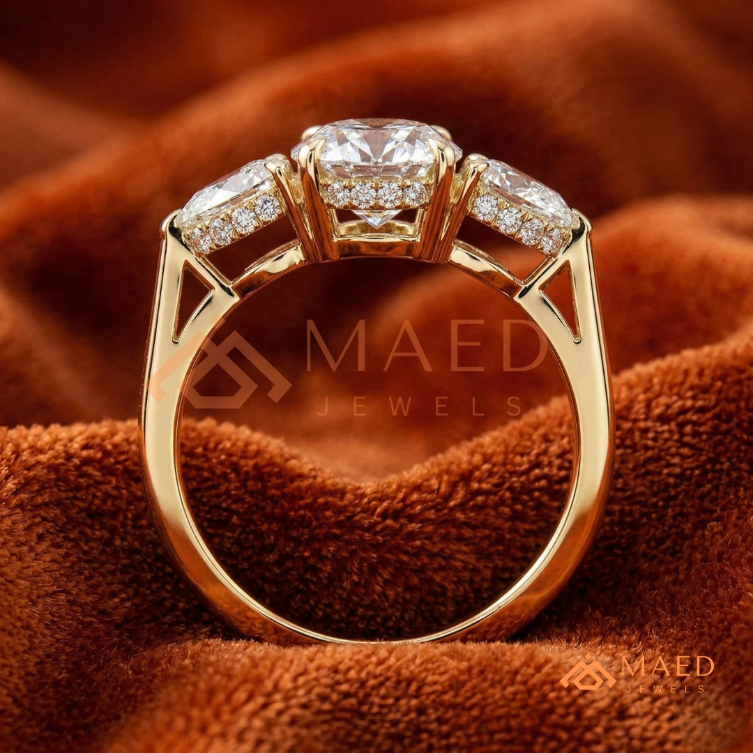 Classic Oval Cut Three-Stone Engagement Ring with Pear Side Stones in Silver, 14K Gold & Rose Gold