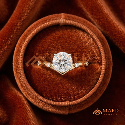 Round Cut Chevron Engagement Ring in Sterling Silver, 14K Gold & 14K Rose Gold