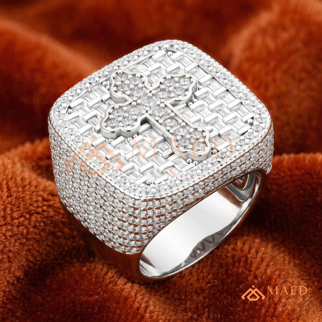 Heavy Square Iced Baguette Cross Ring – 925 Silver, 14K Gold & Rose Gold