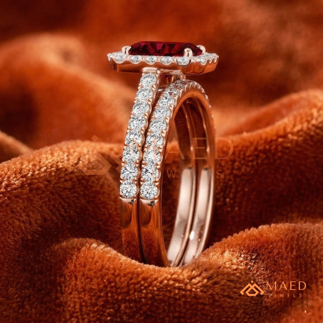 Vintage Emerald Cut Garnet Engagement Ring Set – Pavé Diamond Halo Band