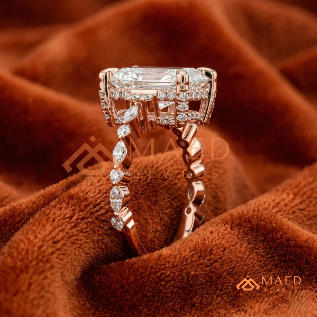 Radiant Cut Engagement Ring | Marquise & Round Cluster Band in 14K Gold, Rose Gold & Sterling Silver