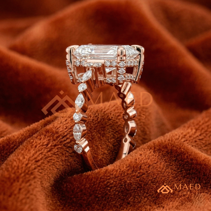 Radiant Cut Engagement Ring | Marquise & Round Cluster Band in 14K Gold, Rose Gold & Sterling Silver