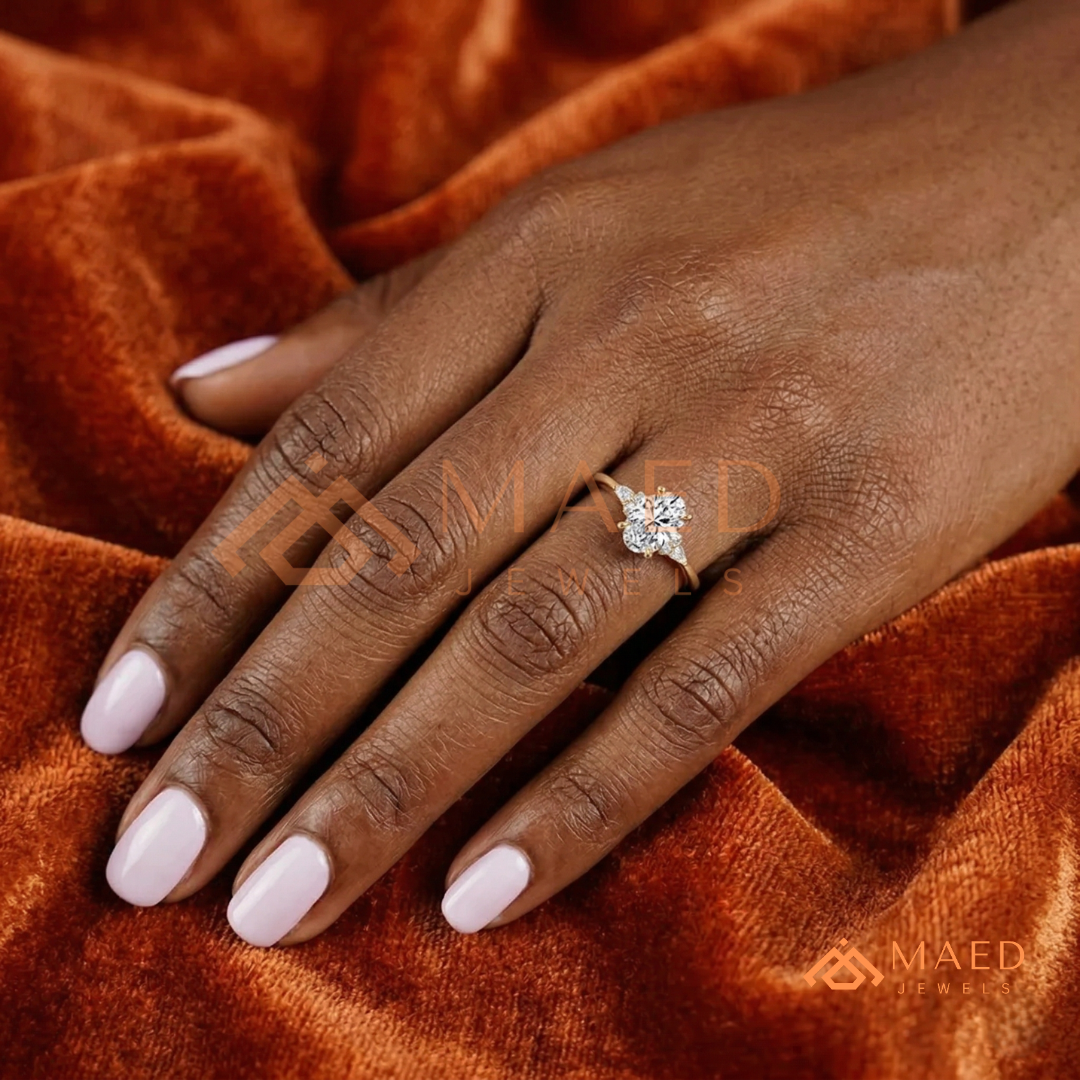 Oval Cut Cluster Engagement Ring | Pear & Round Side Stones in 14K Gold & Silver
