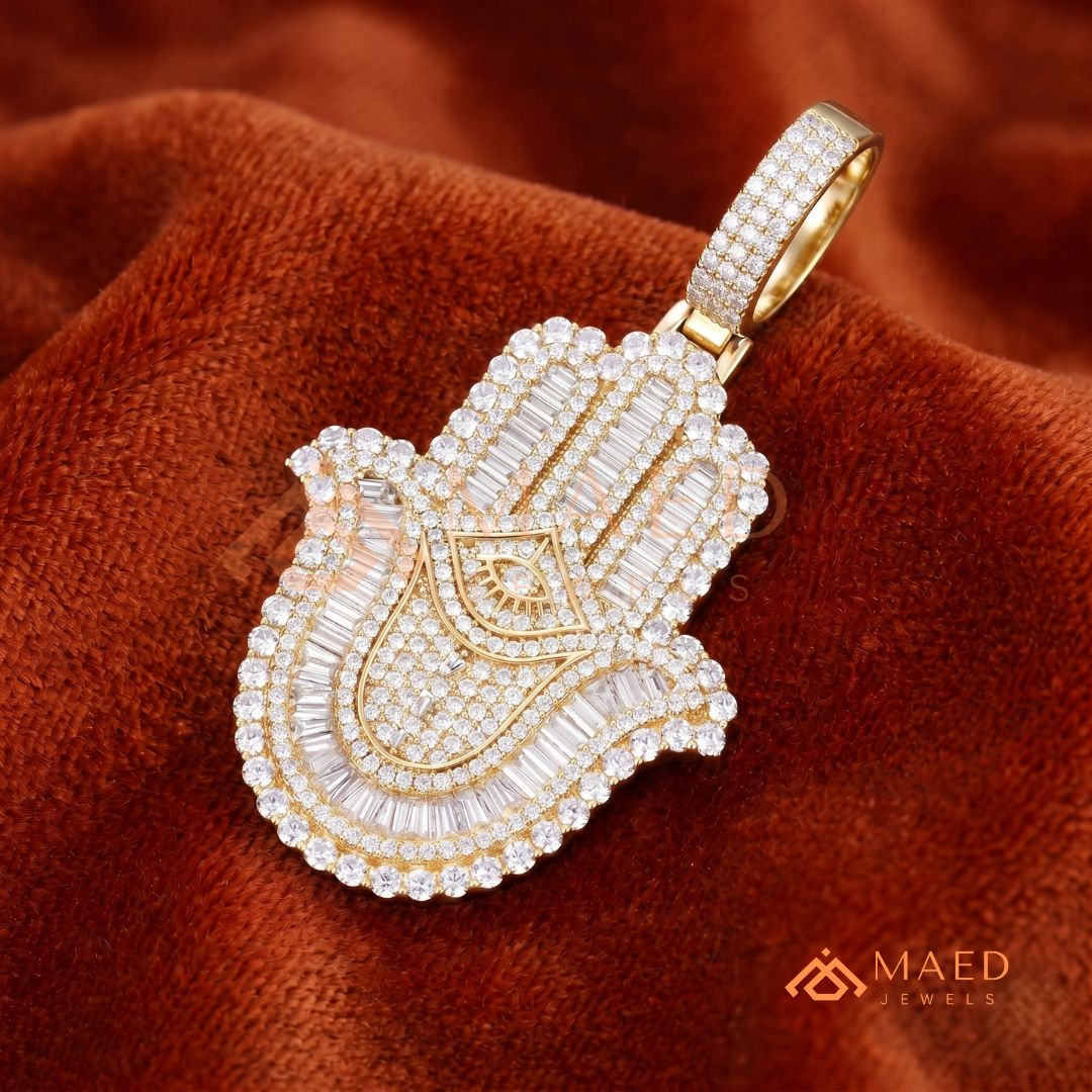 Iced-Out Hamsa Hand Pendant with Star of David & Menorah – Premium Micro-Pave Finish