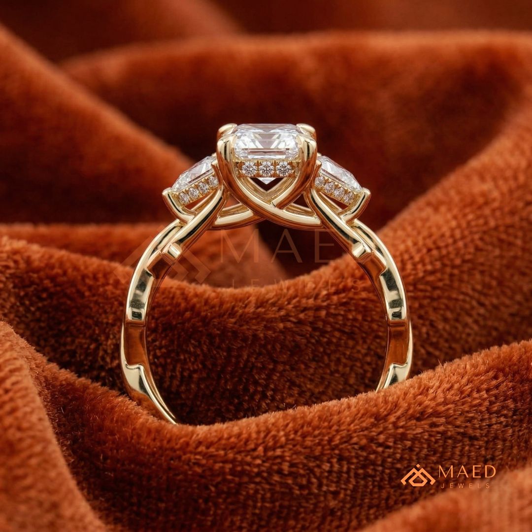 Nature-Inspired Radiant Cut Three-Stone Engagement Ring in Silver, 14k Gold, Rose Gold & Rose Gold