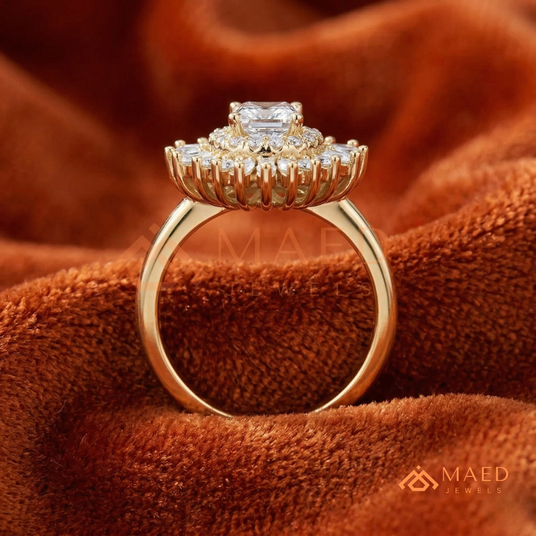 Vintage Art Deco Starburst Halo Ring in Sterling Silver, 14k Gold, or 14k Rose Gold