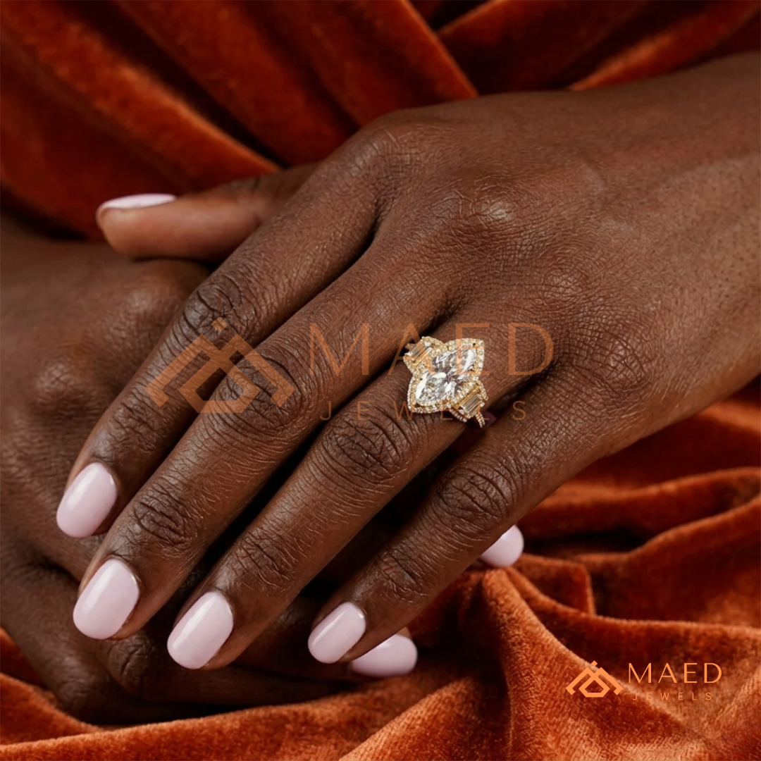 Vintage Marquise Cut 3-Stone Halo Ring with Triple-Row Pavé Band