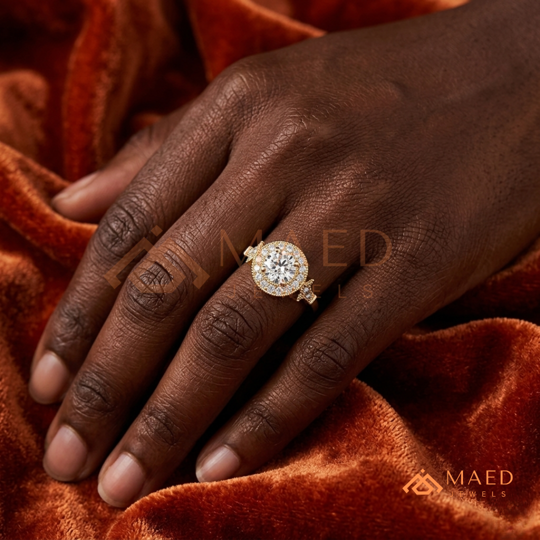 Vintage-Inspired Round Halo Engagement Ring with Milgrain Detail in 14K Gold, Rose Gold or Silver