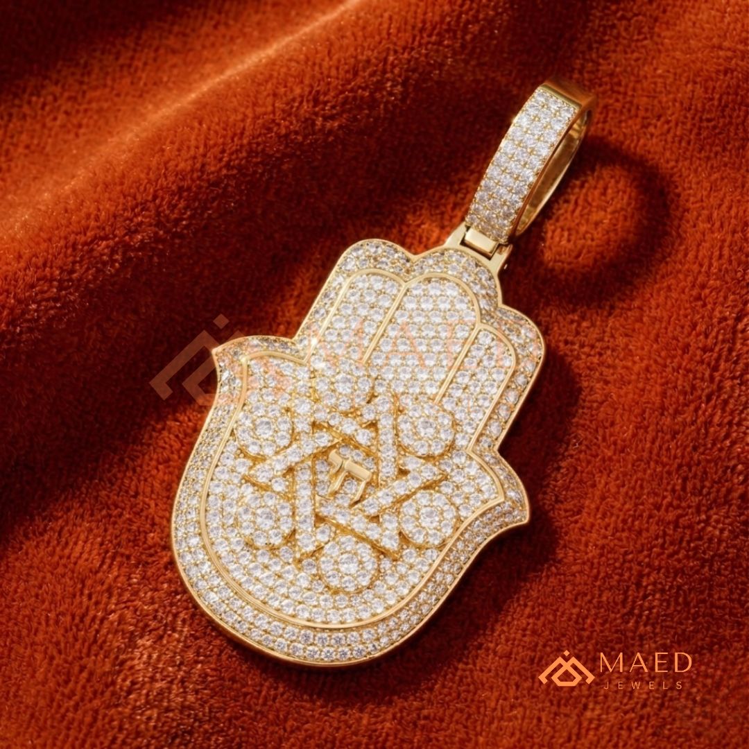 Iced Out Hamsa & Star of David Pendant with Chai Symbol - Sterling Silver, 14K Gold & Rose Gold