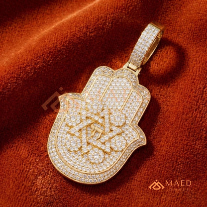 Iced Out Hamsa & Star of David Pendant with Chai Symbol - Sterling Silver, 14K Gold & Rose Gold