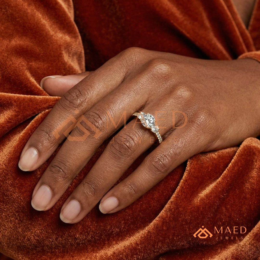 Round Cut 3-Stone Engagement Ring in 14K Gold, Rose Gold & Silver | Classic Three Stone Pave Moissanite Ring for Women
