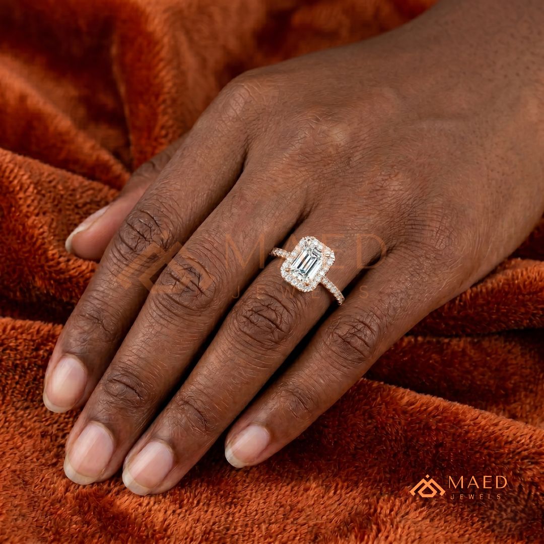Emerald Cut Halo Engagement Ring in Sterling Silver, 14K Gold & 14K Rose Gold