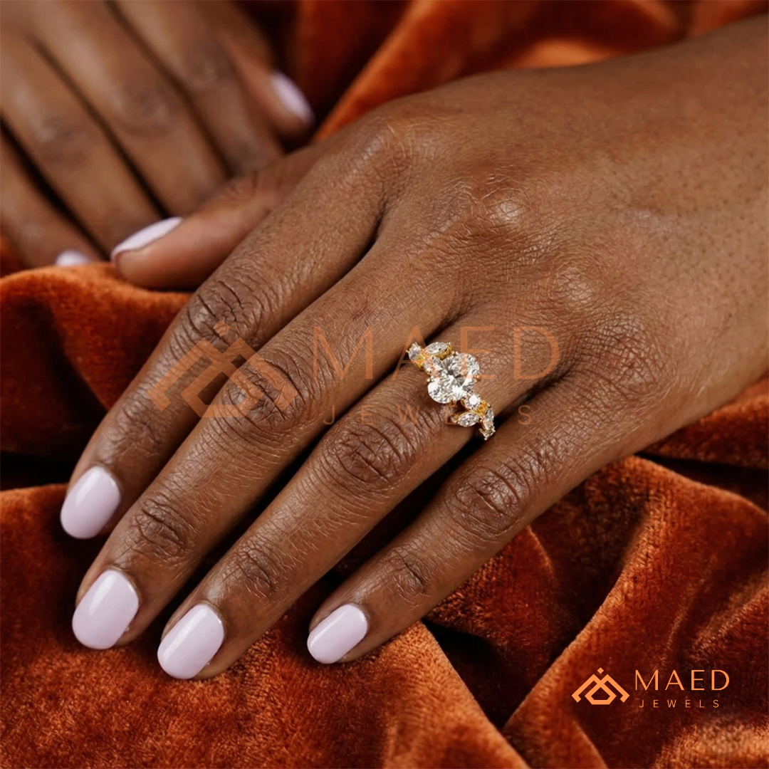 Asymmetric Oval Cut Cluster Engagement Ring | Marquise Leaf Vine Band