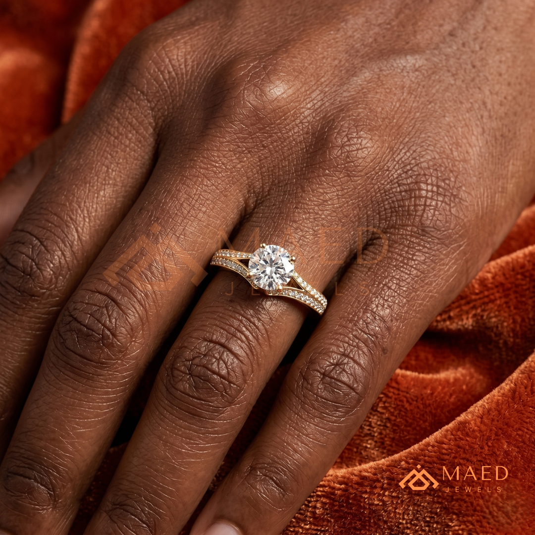 Round Brilliant Cut Split Shank Cathedral Engagement Ring in 14K Gold, Rose Gold & Silver | Vintage-Inspired Pave Accent Ring for Women