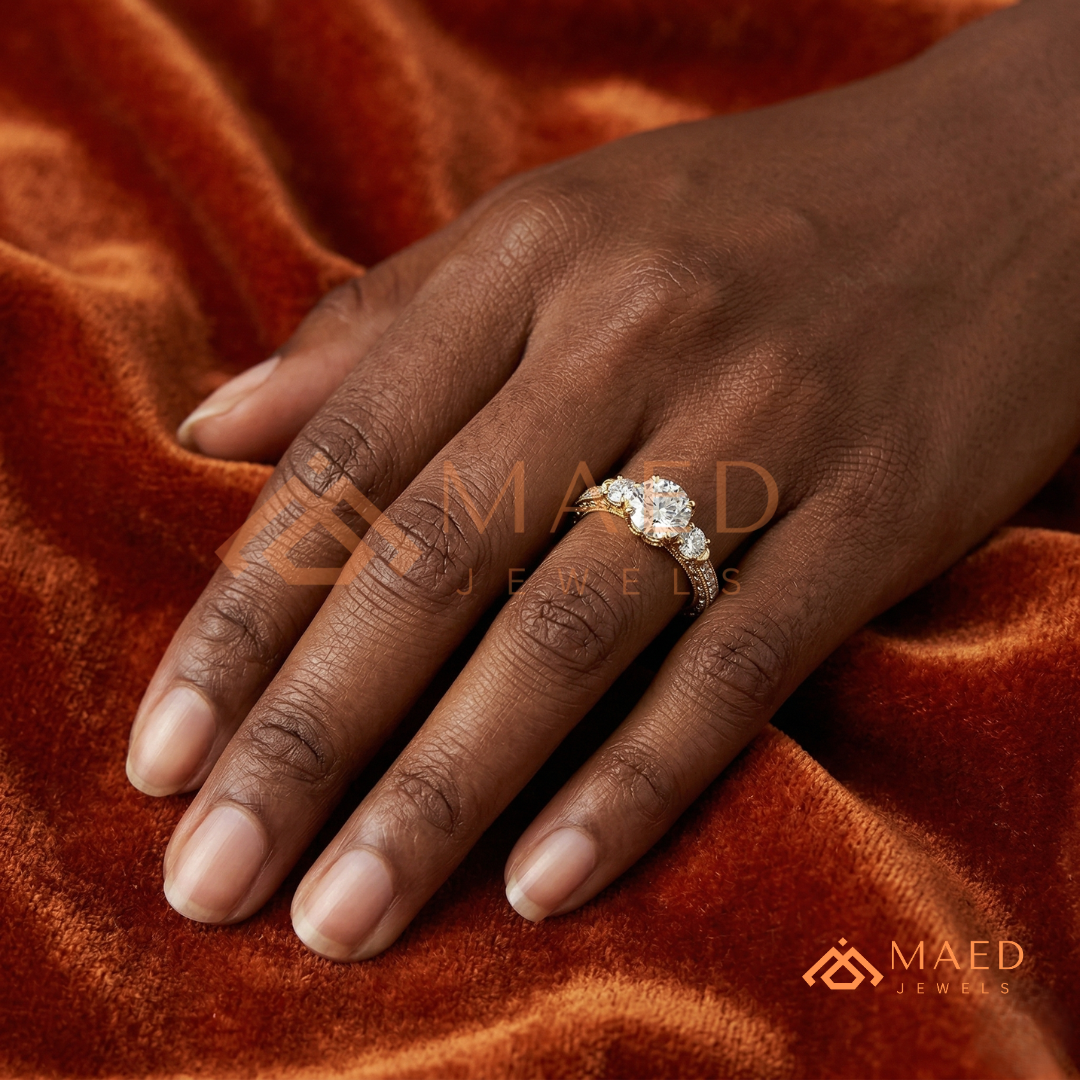 Vintage 3-Stone Round Engagement Ring in 14K Gold, Rose Gold & Silver | Antique Milgrain Pave Moissanite Ring for Women