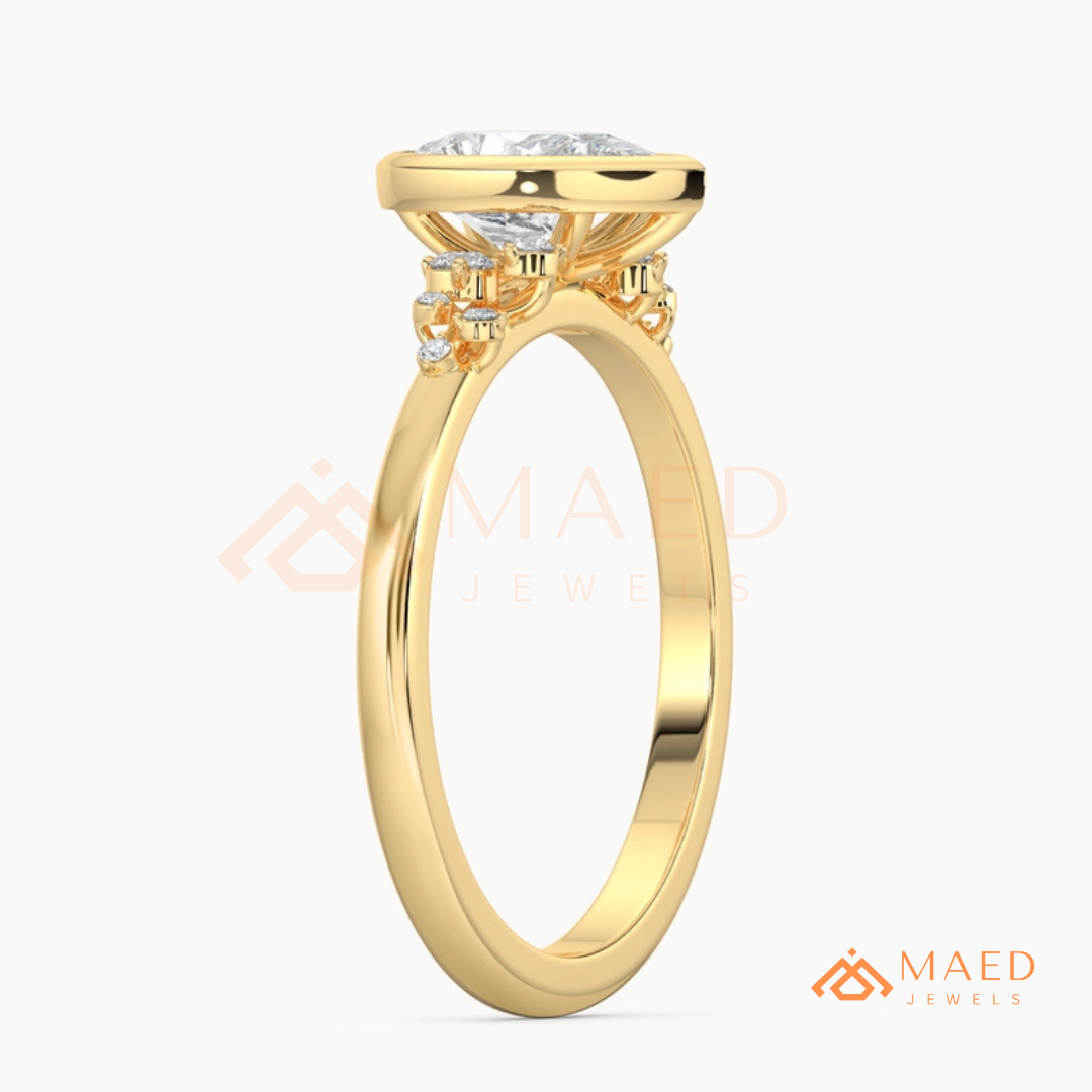 Pear Cut Bezel Set Engagement Ring with Cluster Accent Diamonds in 14K Gold, Rose Gold & Silver