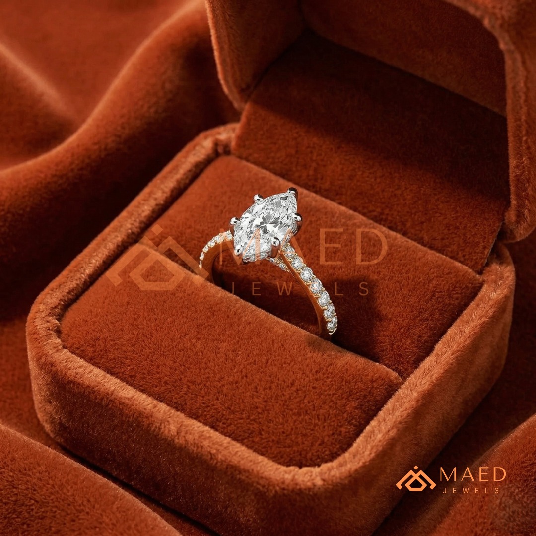 Vintage Marquise Cut Pavé Engagement Ring in Gold, Rose Gold  & Silver