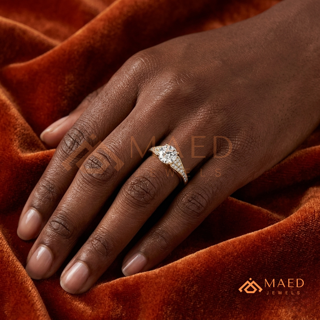 Round Cut Engagement Ring with Pavé Accents in 14K Gold, Rose Gold or Silver