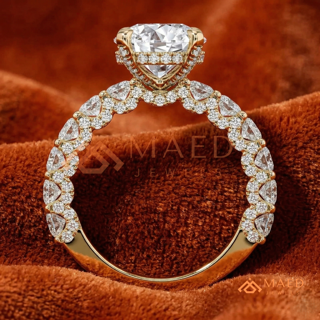 Round Brilliant Cut Engagement Ring with Shared Prong Band | 14k Gold, Rose Gold & Silver
