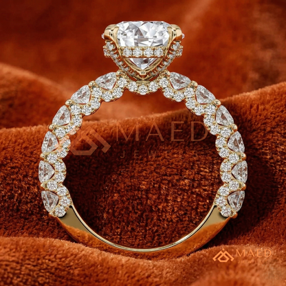 Round Brilliant Cut Engagement Ring with Shared Prong Band | 14k Gold, Rose Gold & Silver