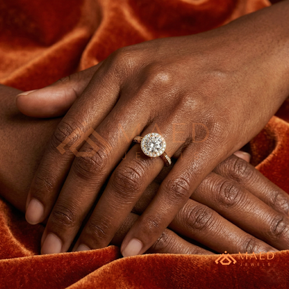 Vintage Milgrain Halo Diamond Simulant Ring in 14K Yellow Gold, Rose Gold & Silver