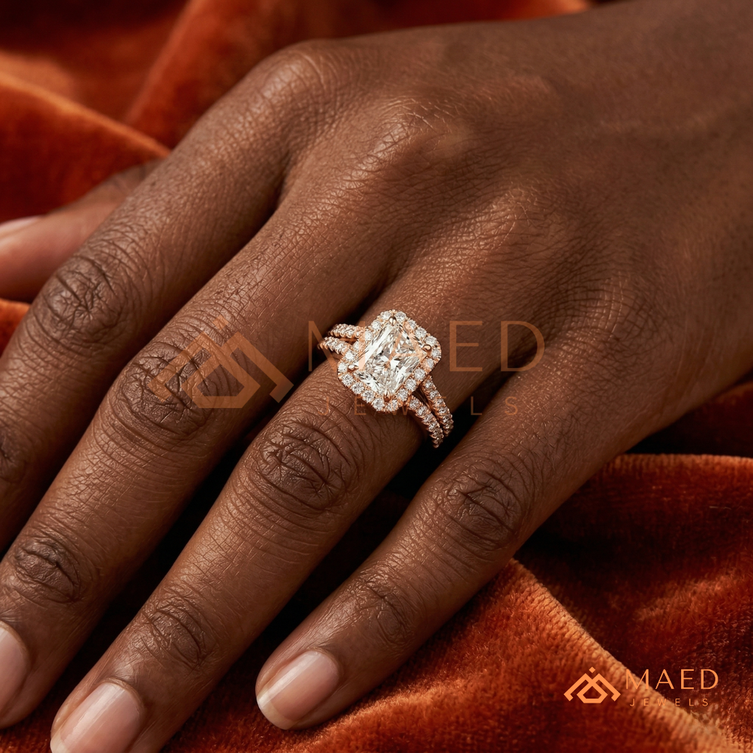 Radiant-Cut Halo Engagement Ring with Split-Shank Pavé Band