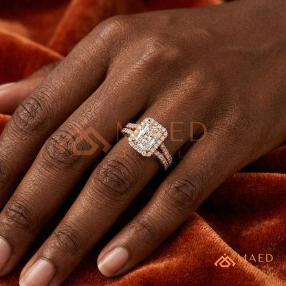 Radiant-Cut Halo Engagement Ring with Split-Shank Pavé Band